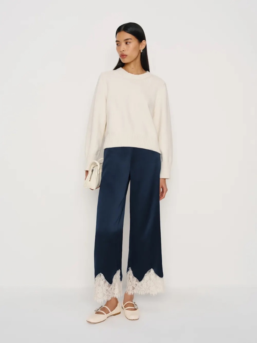 Reformation Carolina Silk Navy Wide-Leg Pants with Cream Lace Trim